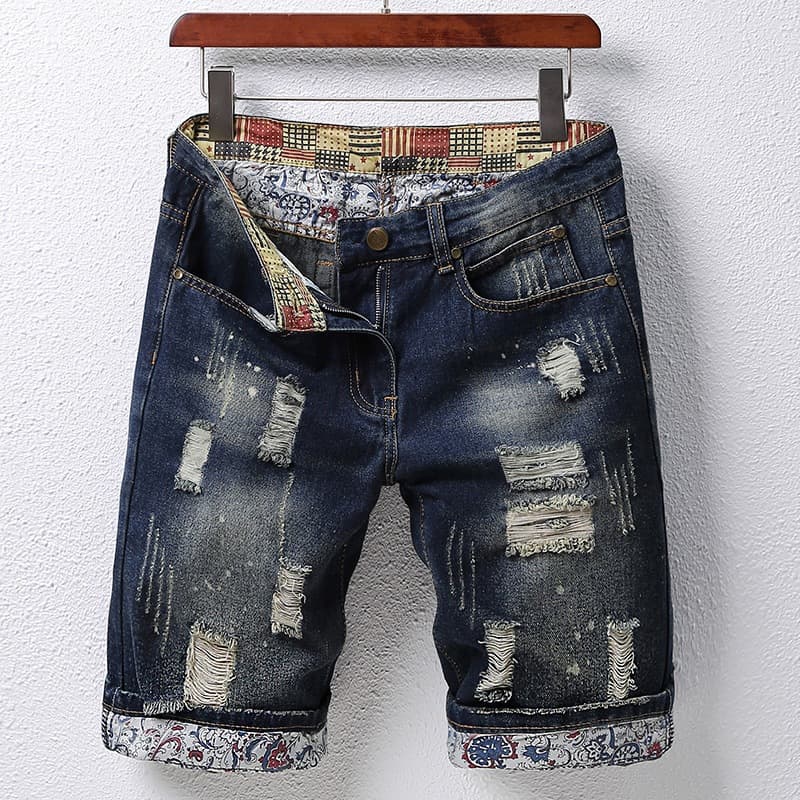 Distressed Patchwork Five-Point Denim Shorts for Men 2025 American Fashion Trendy Patch Shorts Export Supply Cross-Border