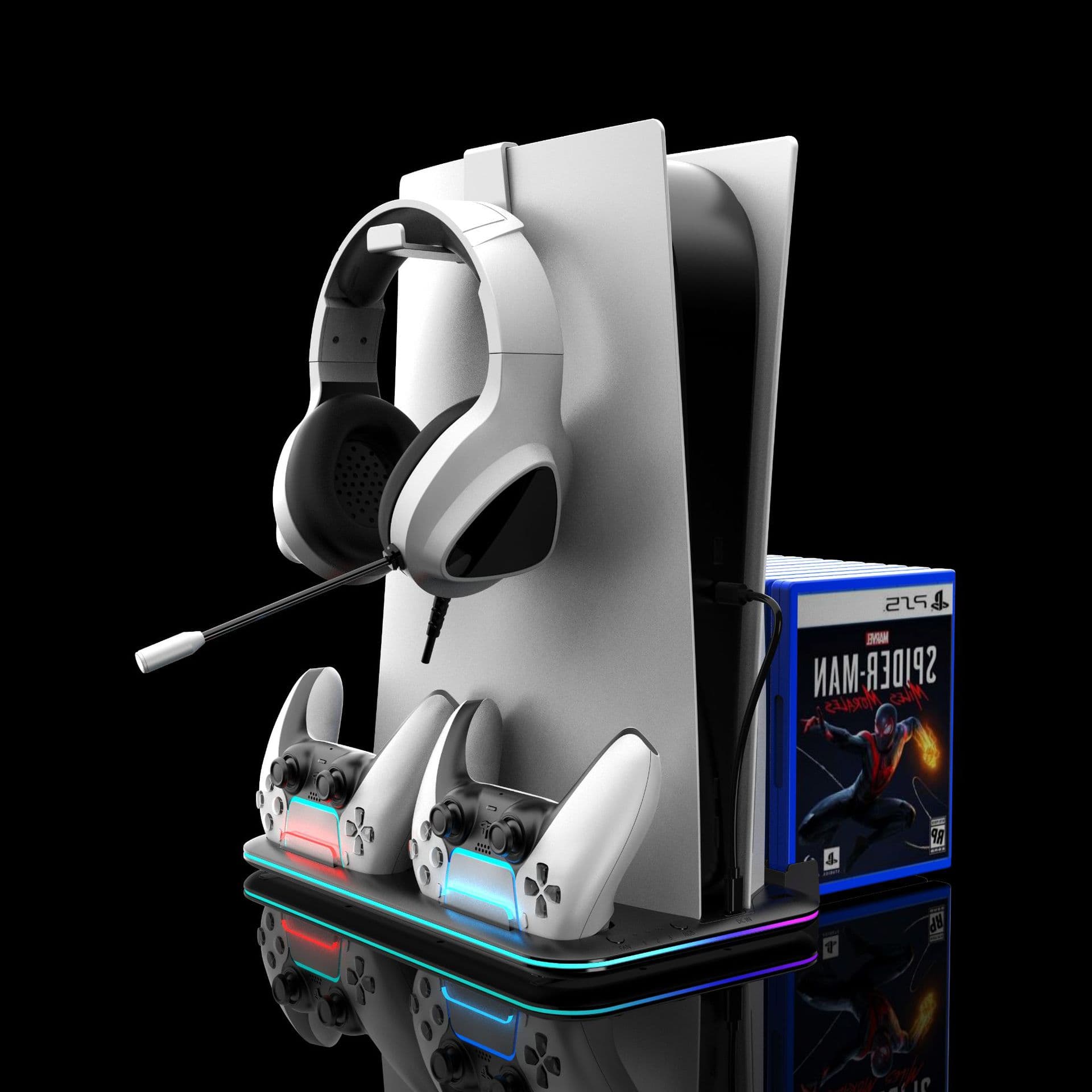 For PS5 / PRO / Slim with RGB Lighting Ultra-Thin Cooling Base, Controller Charging Station, Game Disc Holder