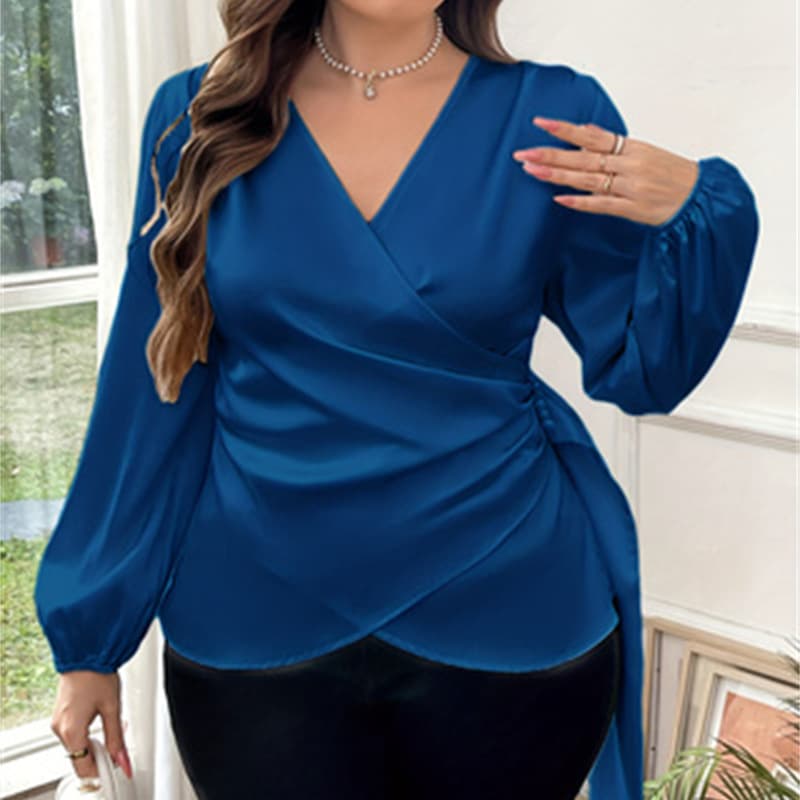 Women's Pearl Satin Wrap Top with V-Neck, Lantern Sleeves, Side Pearl Buttons, Tie Waist, Slimming Blouse