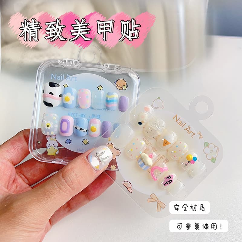 3D Cute Kids Nail Tips with Decorations, Finished False Nails, Wearable Cartoon Nail Tips