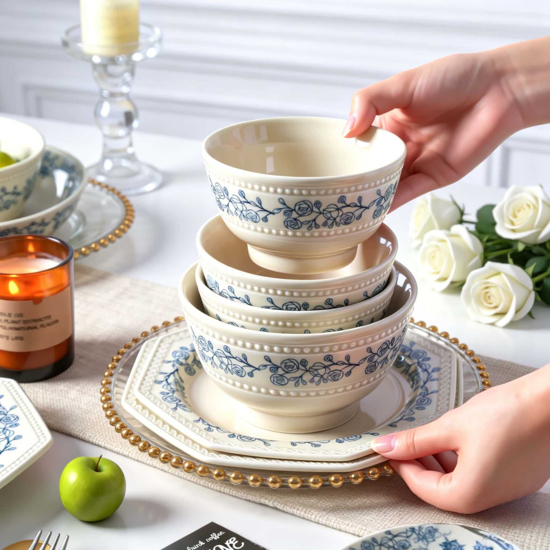 French retro underglaze bead dot ceramic rice bowl tableware household bowls and dishes set small bowl dish plate dinner plate