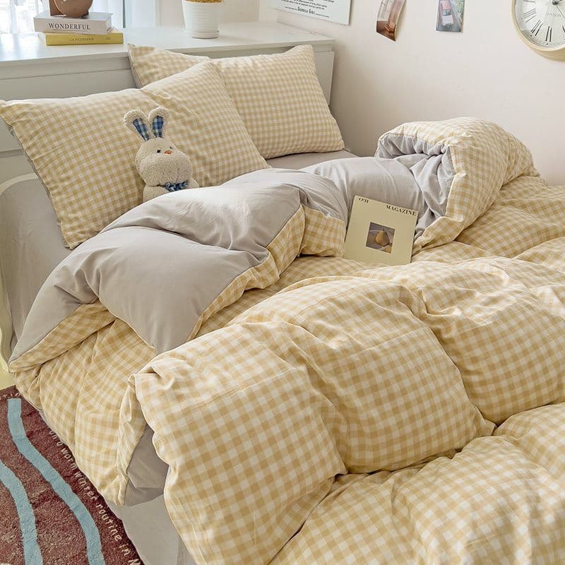 Category A super soft and cozy baby cotton plaid duvet cover and sheet four-piece set, student dormitory three-piece bed set, fitted sheet style 4