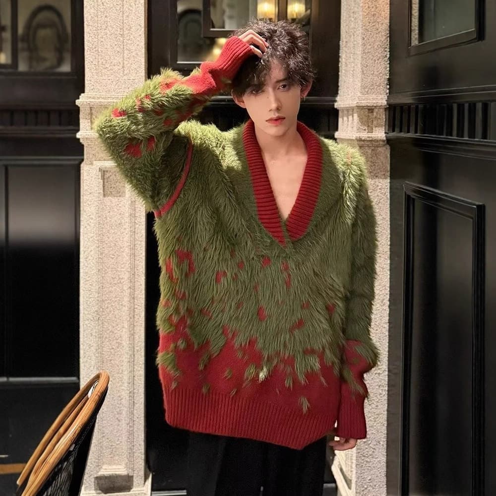 Winter New Year Color-Block Green Collar Knit Sweater for Men and Women 2025 American Retro Casual Couple Cardigan