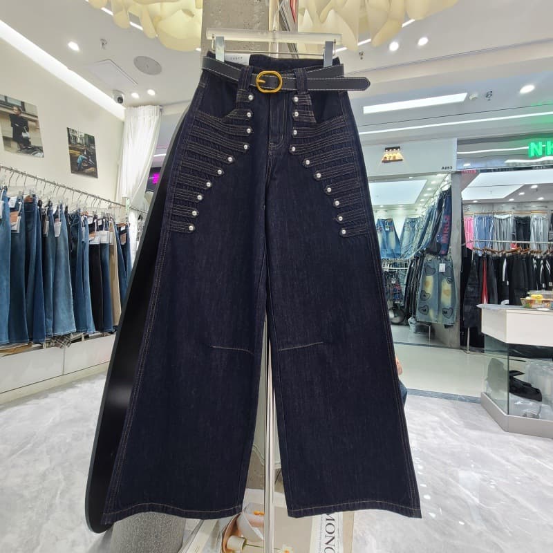 American Retro Cool Girl Style High-Waist Loose Distressed Heavy-Duty Button Design Versatile Trendy Wide-Leg Long Pants for Women