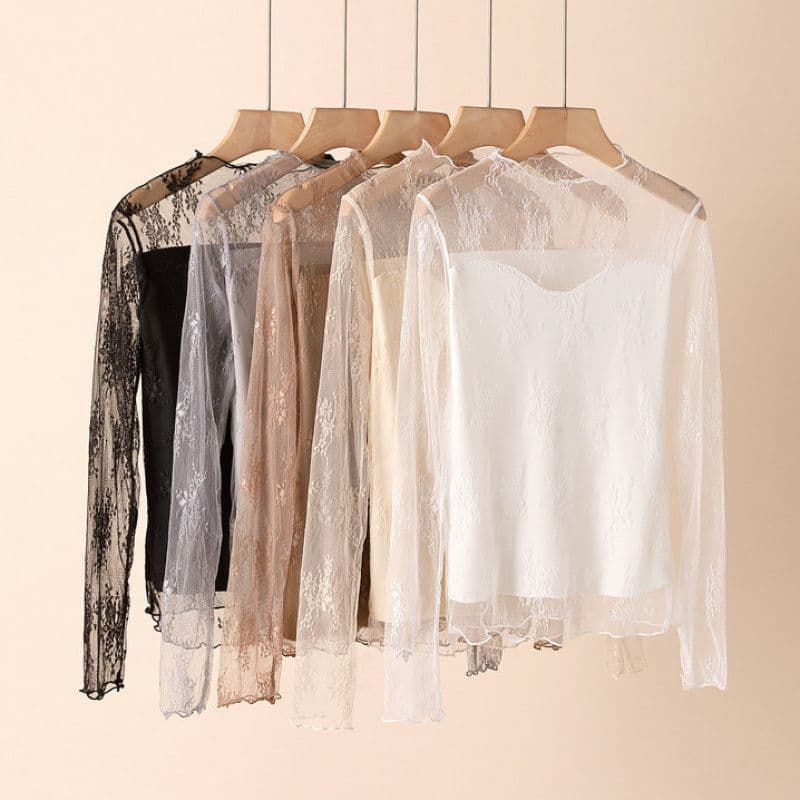 Autumn Winter New Lace Base Top Women's Fleece-Lined Thick Stylish Slim Long Sleeve Mesh Inner Layering Blouse