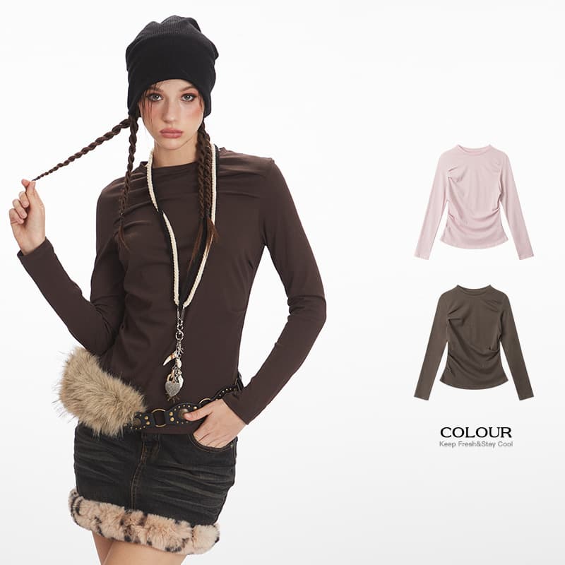 HeyHenry 2025 Fall New Pleated Waist Long Sleeve Top for Women, Slim Fit Inner Layer, Regular Shoulder Top