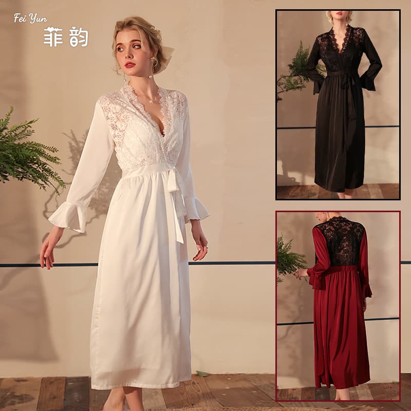 Luxurious Satin Sleepwear Women's Sexy Lace Cool Sensation Long Sleeve Robe Bathrobe Home Clothes V-neck Comfortable Breathable