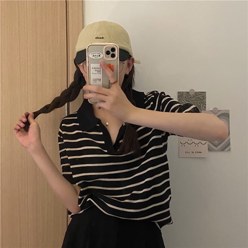 Korean Style Loose Lazy Style Striped Short Sleeve T-Shirt Women 2024 Summer New Versatile V-Neck Half Sleeve Top Ins Trendy