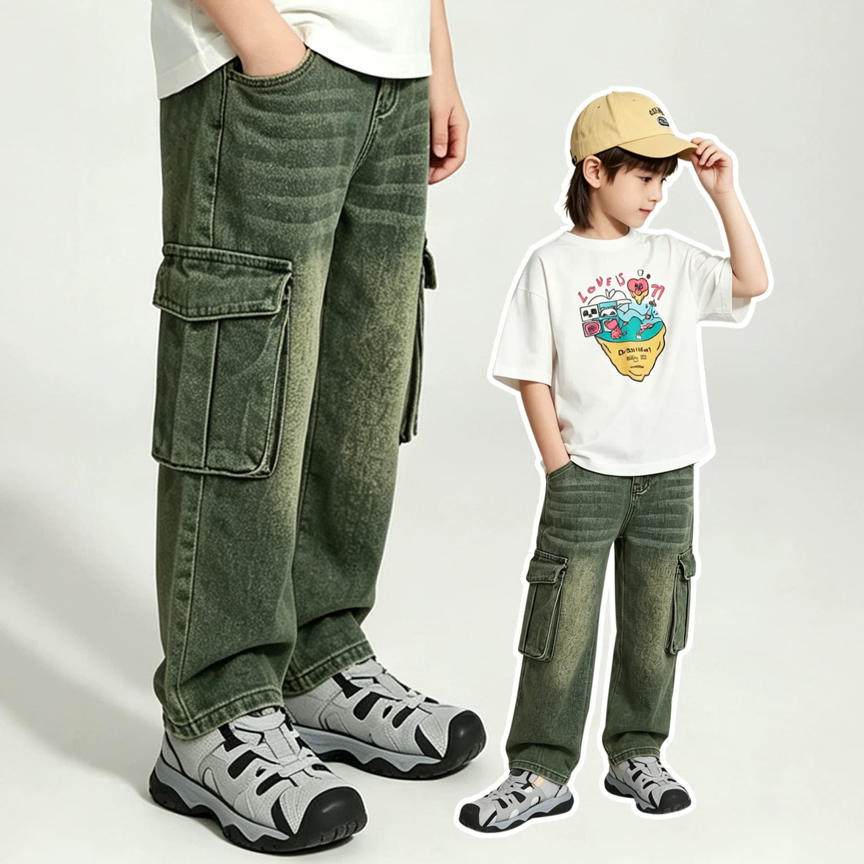 Children's Denim Factory Four-Season Style Multi-Pocket Green Jeans Boys' Cargo Jeans Wholesale