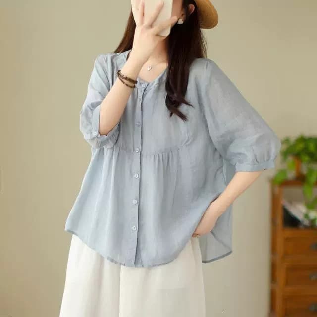 Shirt women's large size summer women's stand collar shirt women's loose three-quarter sleeve design solid color top women's summer 9108