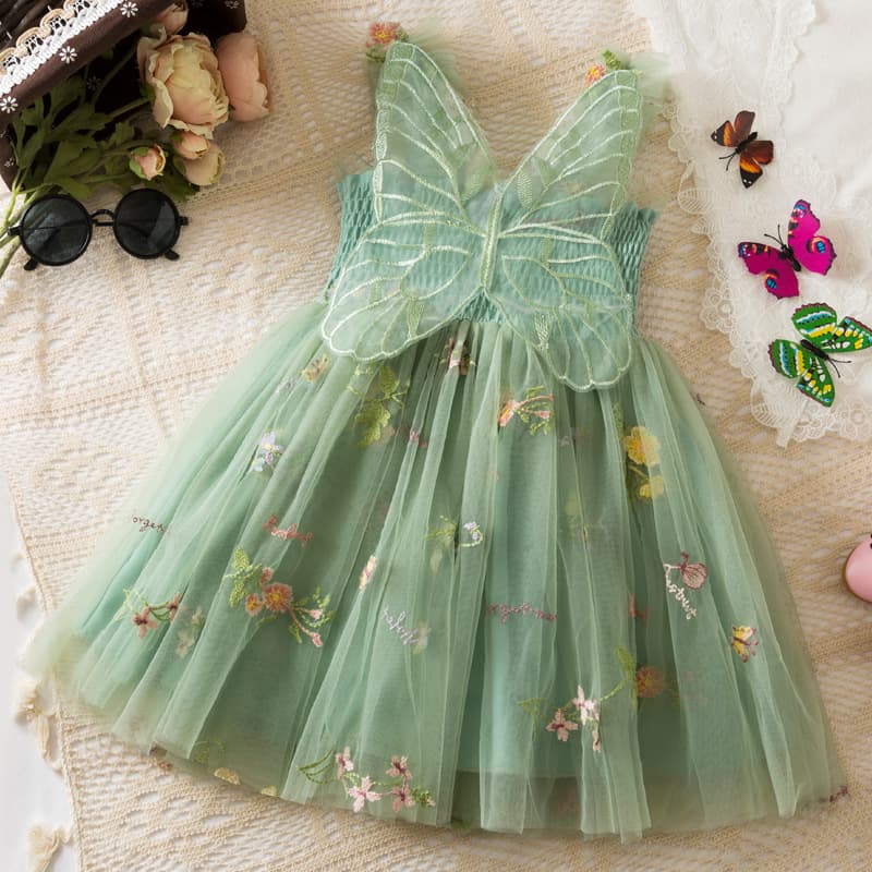 Children's Princess Dress Mesh Tulle Dress Strapless Little Formal Puffy Skirt 3D Wings Fairy Stylish Dress