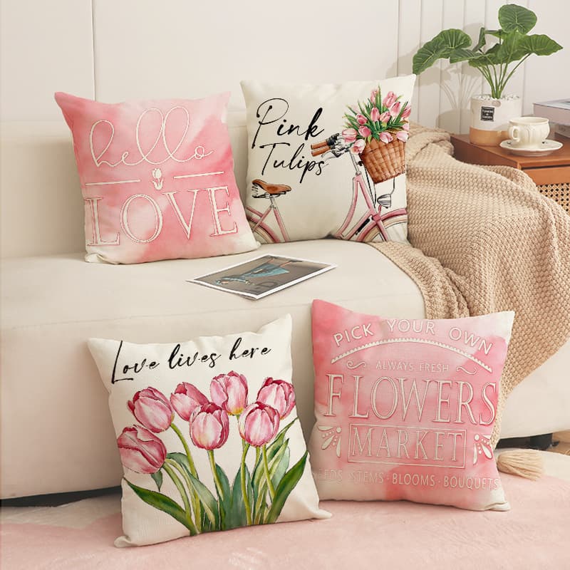 Tulip Pattern Printed Pillow Cover Polyester Breathable Letter Cushion Pink Set Indoor Home Sofa Throw Pillow