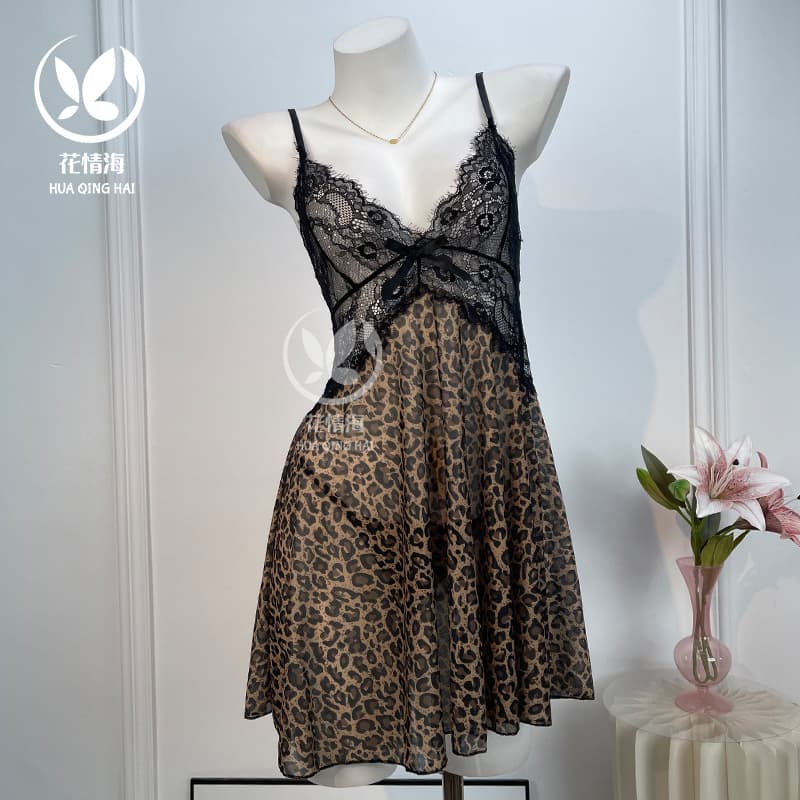 Floral Passion Sea Lingerie Leopard Print See-Through Strap Deep V Lace Mesh Nightdress A1188 Lingerie 2026