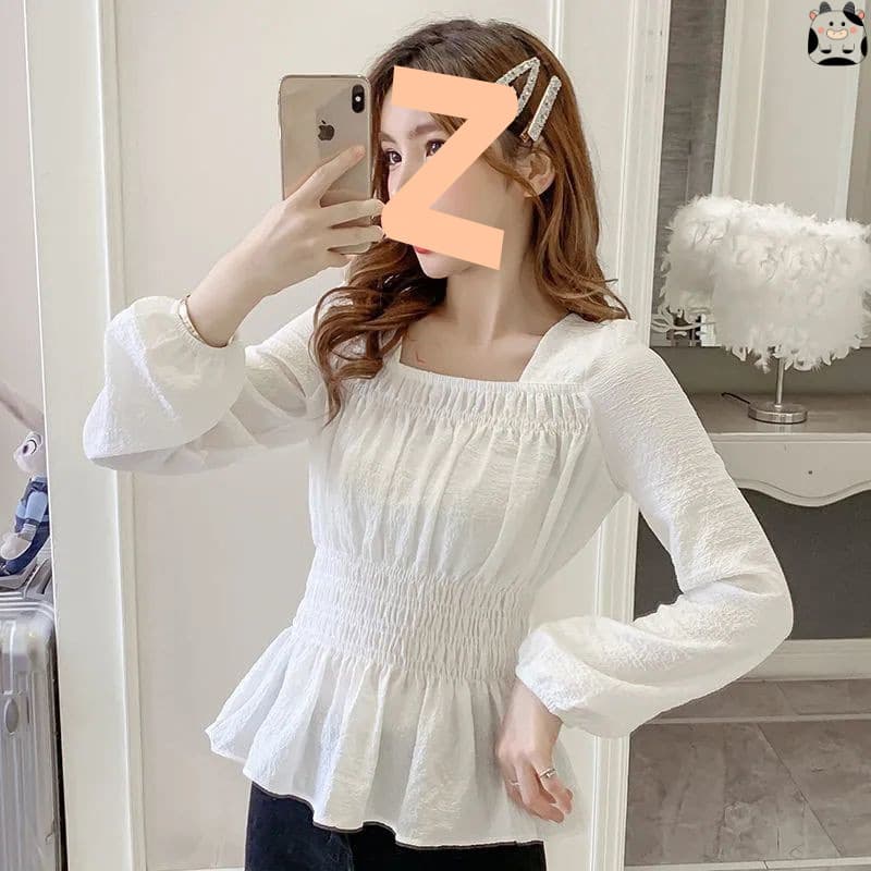 Shirts for women 2025 spring, summer and autumn new Korean style square collar chiffon waist slimming long-sleeved women's bottoming shirt trendy