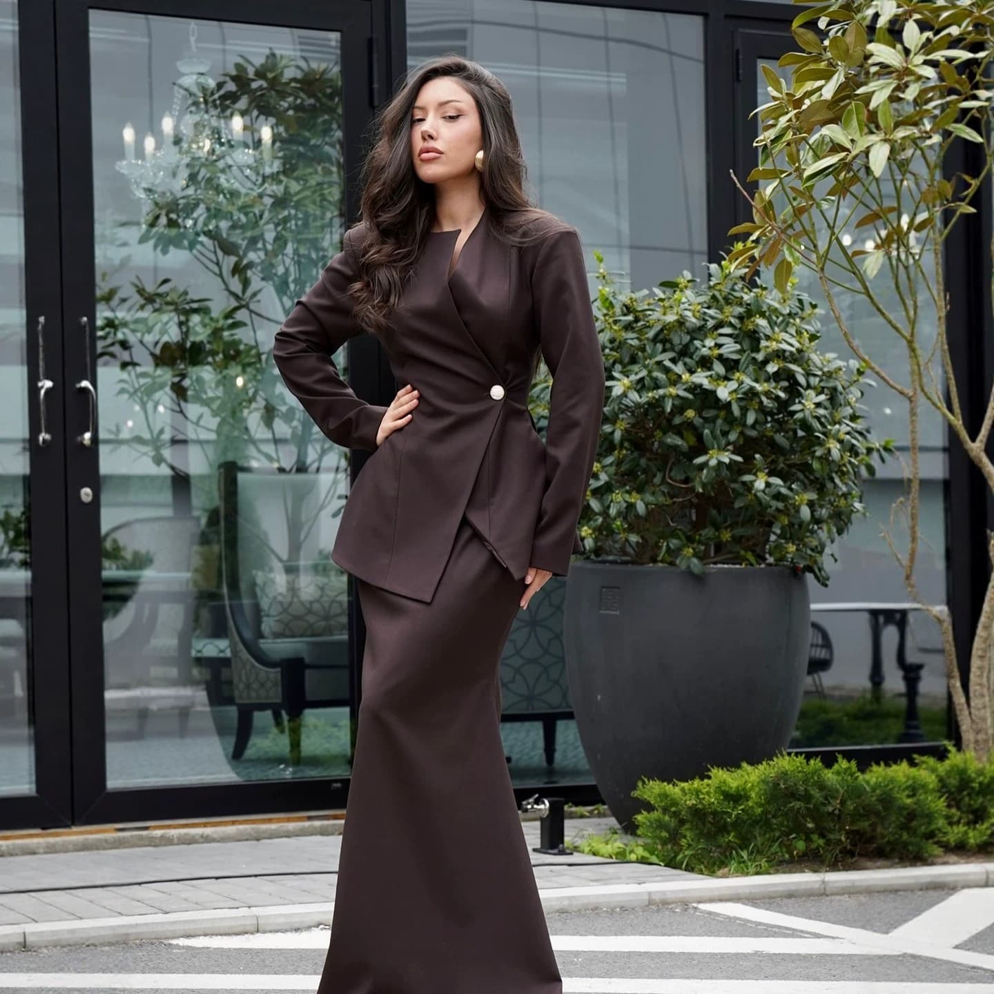 2026 Amazon Women's New Fashionable Long-Sleeve Button-Front Fitted Cardigan High-Waist Fishtail Long Skirt Set