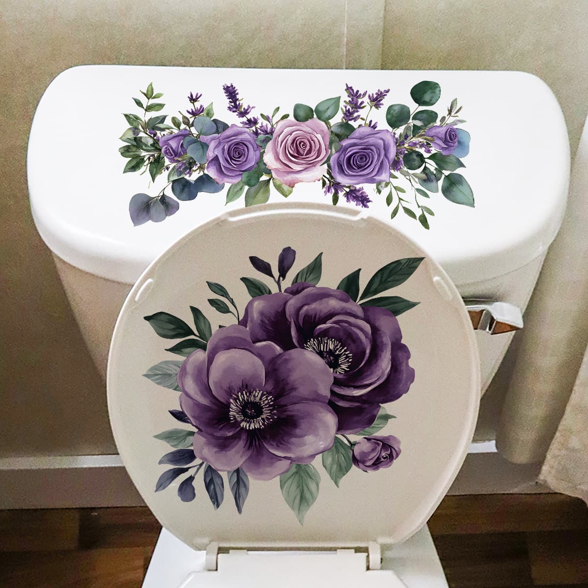 New ACC34050 Beautiful Purple Flower Sticker Waterproof Toilet Sticker for Bathroom Self-Adhesive Wall Decal