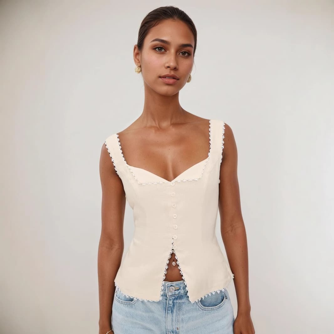 Women's French Retro Cotton Linen Lace Patchwork Fashion Button Camisole Solid Color Sleeveless Vest Top for Summer