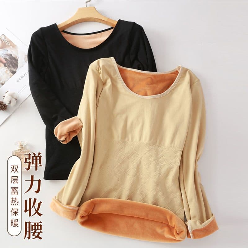 New Autumn/Winter Korean Style Large Round Neck Fleece-Lined Thickened Warm Top Women's Slim-Fit Long-Sleeve Base Layer Shirt Tight Underwear