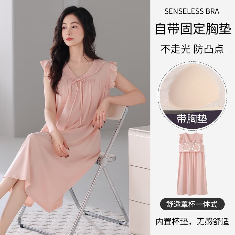 Women's Nightgown Summer with Built-in Bra Pads, Pure Cotton Sleeveless Vest Mid-Length Sleepwear, Thin Summer Plus Size Home Clothes