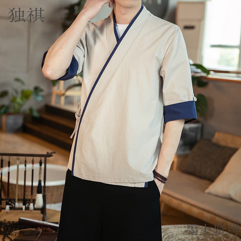 Summer Men's Short Five-Quarter Sleeve Windbreaker Ethnic Style Monk Robe Tea Ceremony Open Cardigan Casual Fashion Urban
