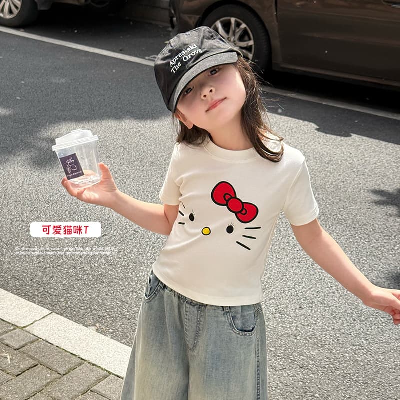 Aimobebe Girls Stylish Versatile Cute Regular Shoulder Short Sleeve Top Children Trendy Short Slim Fit Cat T-Shirt