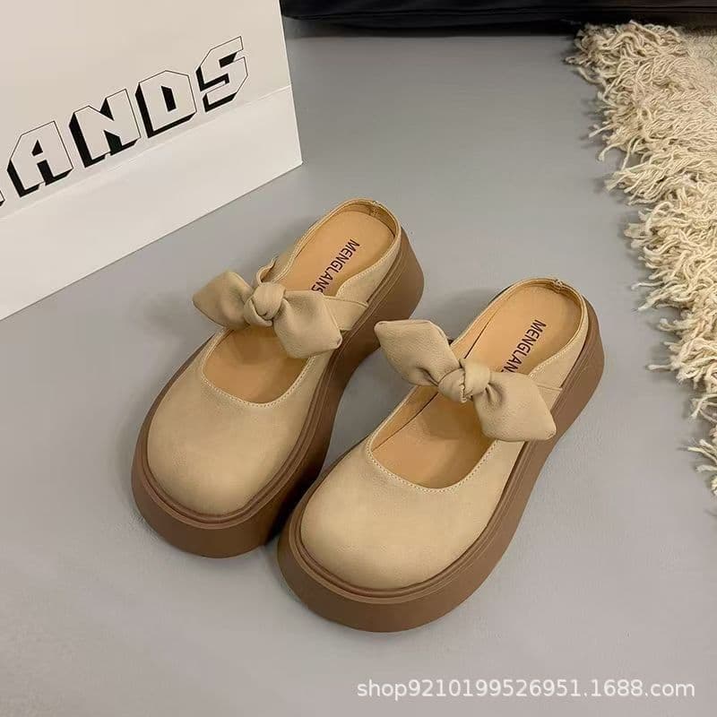 French Bow Closed Toe Slide Sandals Women's Outdoor Wear 2025 New Spring Summer Platform Slip-on Mary Jane Sandals