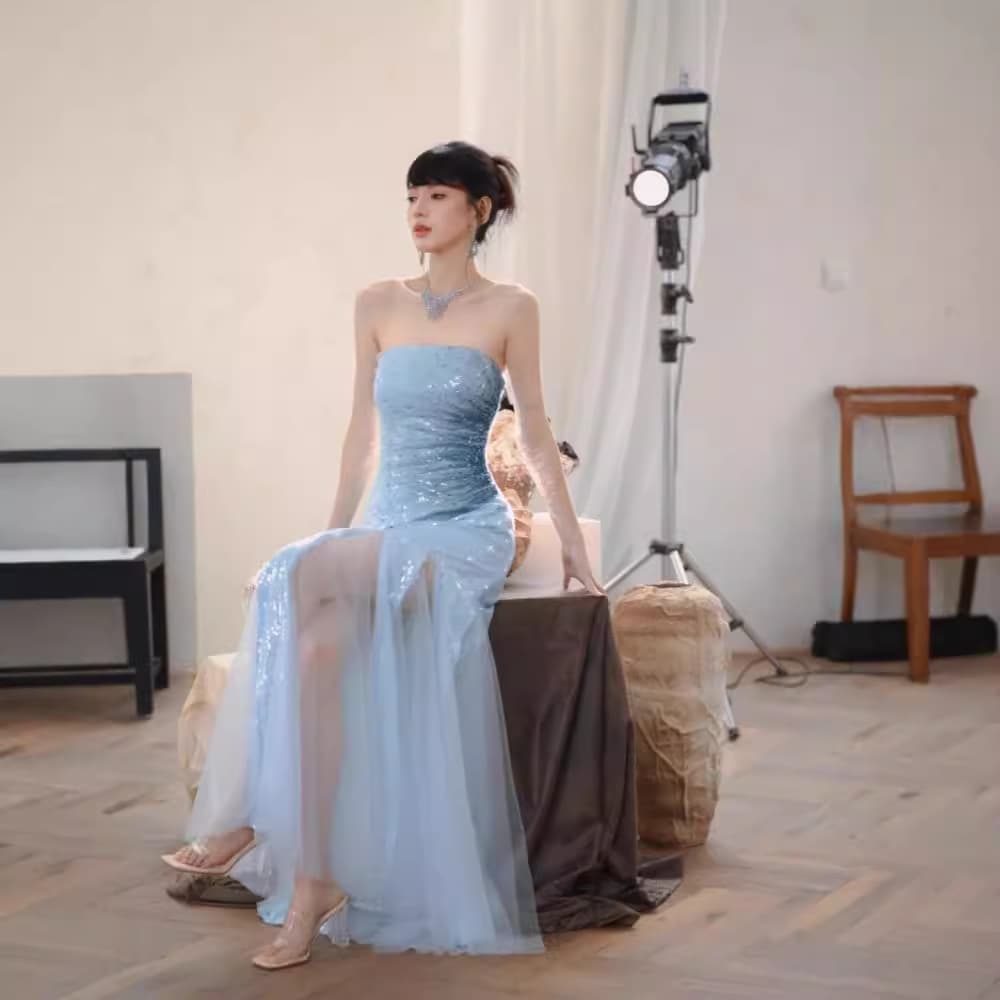 Evening Dress 2026 New Off-Shoulder Mermaid Sequin Strapless Dress Visual Waist-Nipping Shiny Mesh Mini Dress