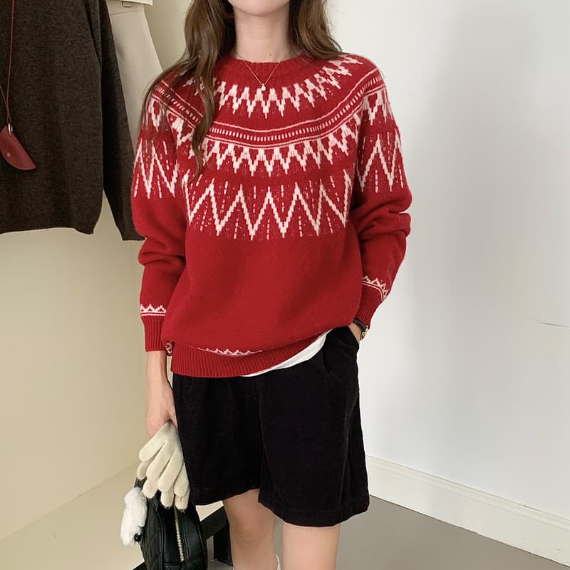 2025 Autumn/Winter New Style French Pure Wool Fair Isle Pattern Round Neck Sweater Soft Fashion Women's Top