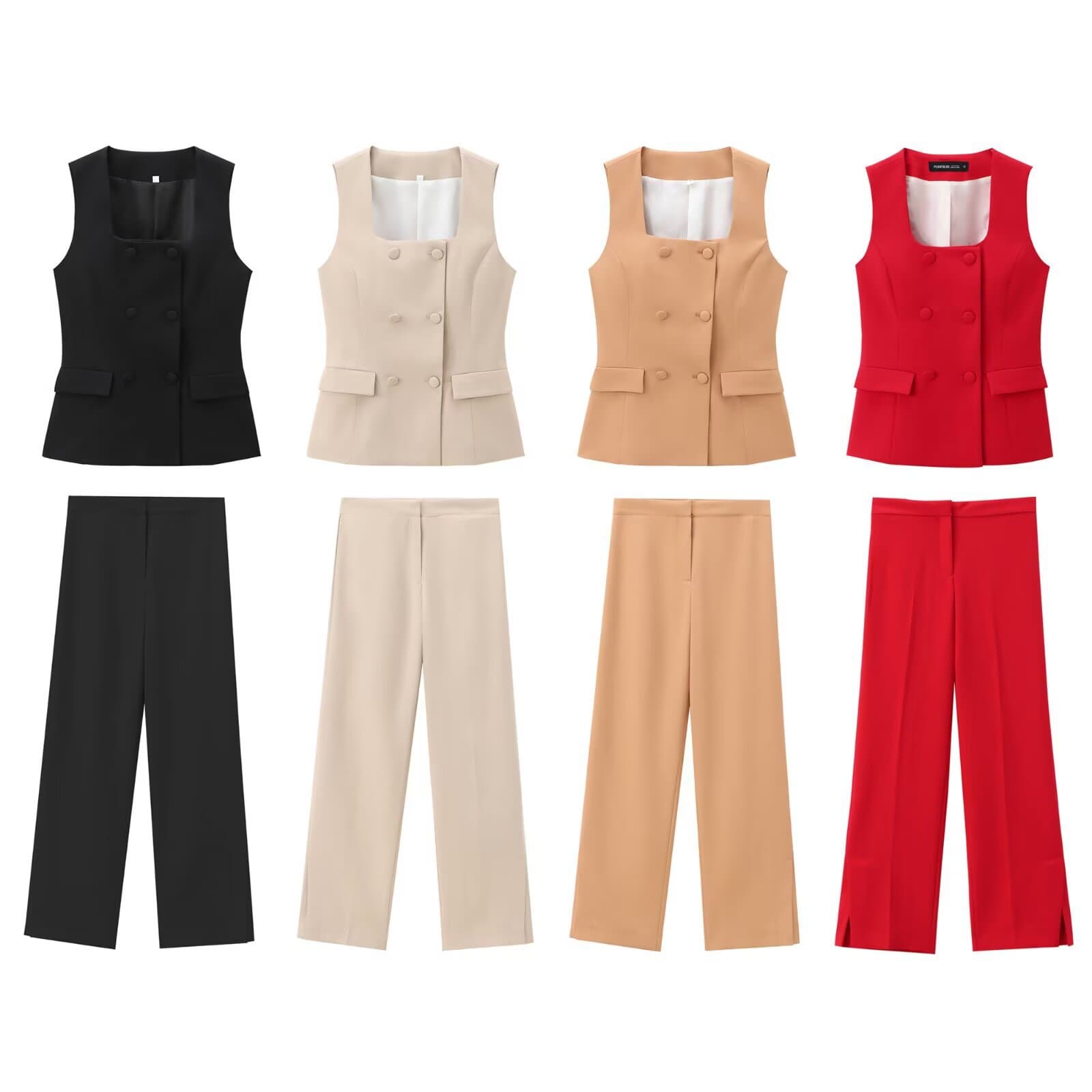 European and American cross-border women's clothing wholesale women's padded buttoned vest vest high waist straight trousers casual suit