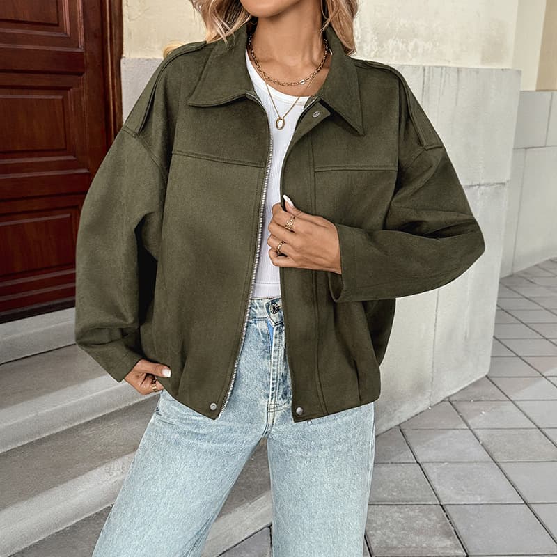 【Baifenzhiyi】Foreign Trade Cross-border 2025 New Trend Jacket Faux Suede Military Green Lapel Jacket for Women