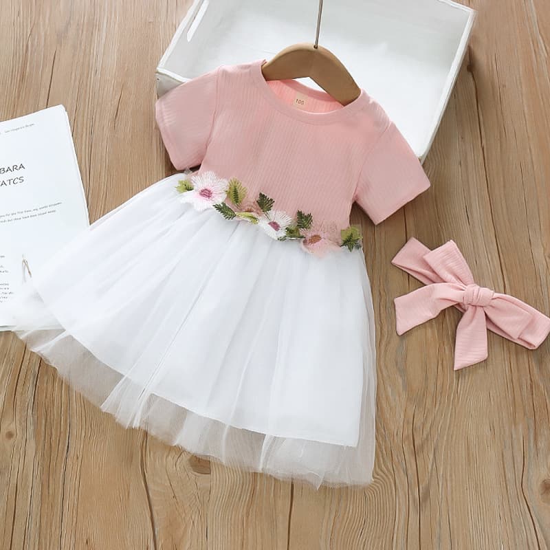 Girls baby dress 2024 summer new style infant and children's clothing short-sleeved splicing mesh princess dress with hair rope