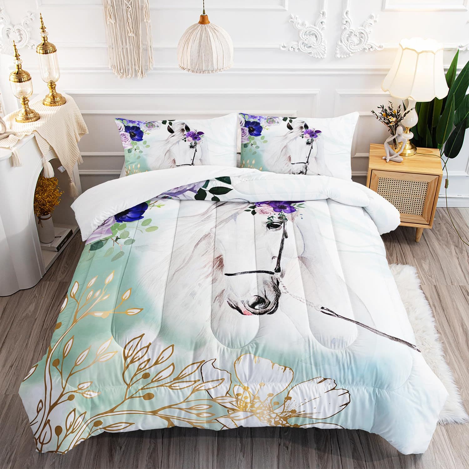 Cross-border Quilt Set Animal Theme Stylish Horse Floral Plush Quilt Core Fiberfill Quilted Bedding 3-Piece Set