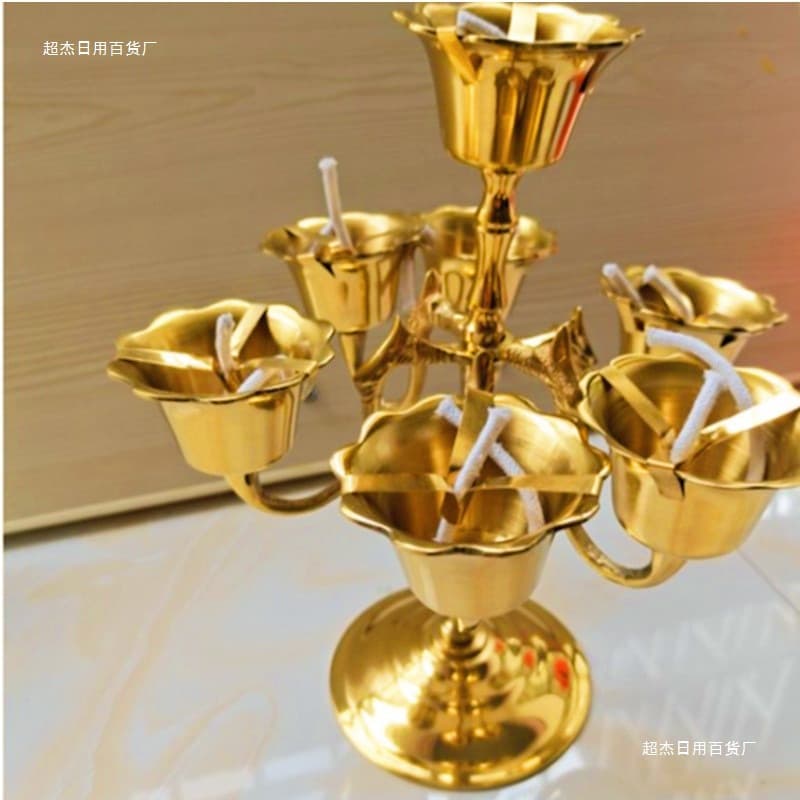 Brass seven-star lamp offering stand, eternal light candle lamp, seven-star butter lamp holder, lotus flower oil lamp, wholesale from manufacturer.
