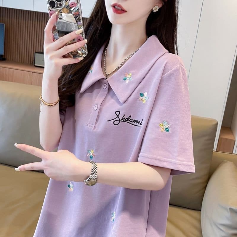 Women's Polo Short-Sleeve T-Shirt, Summer Thin Loose Plus-Size Fashion, Regular Shoulder Design, Slimming Effect, Embroidered Casual Top