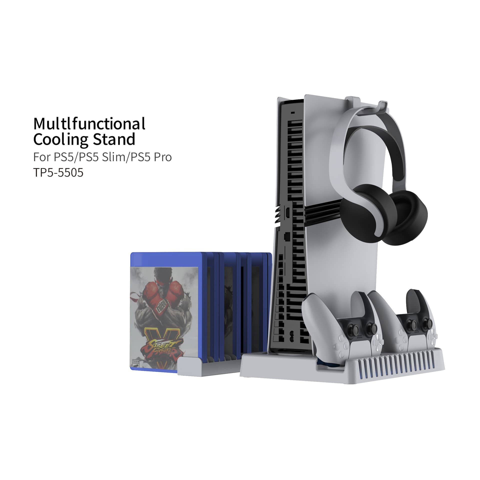 Multifunctional Cooling Stand for PS5 Pro/PS5 Slim/PS5 Console Controller, with Disc and Headphone Storage