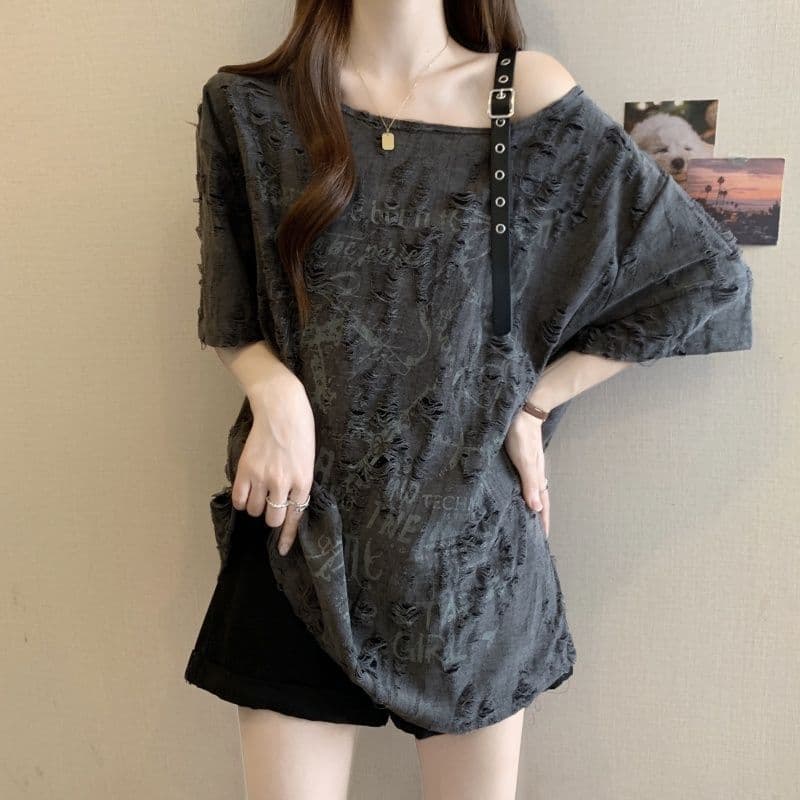 Plus Size Distressed One-Shoulder Short-Sleeve T-Shirt for Women Summer 2025 New Loose Fit Slimming Cover-Flesh Off-Shoulder Top