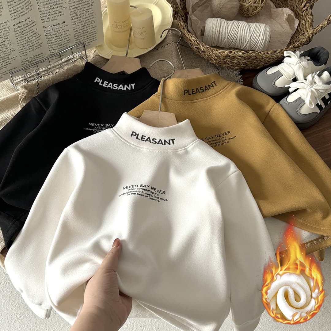 Pre-sale 7 Days! Winter New Style Children's Fleece-Lined Base T-Shirt Velvet Warm Mid-High Neck Korean Version Medium to Large Kids Unisex