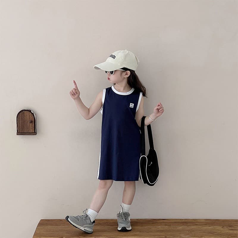 Summer Dress for Toddler Girls, Kids Sporty Style, Mid-Length Korean Color-Block Vest Dress