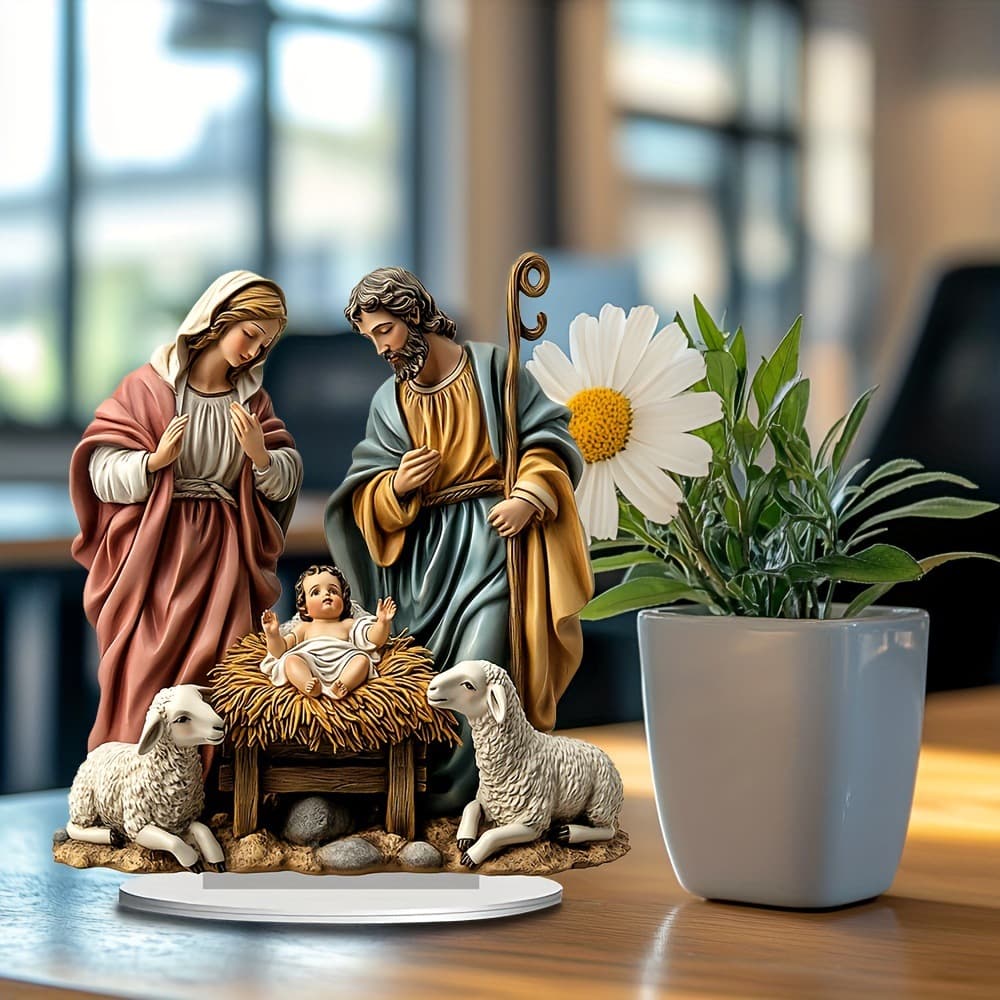 Cross-border Decorative Art Nativity Scene Mini Statue with Base Acrylic Living Room Study Bedroom Desktop Ornament