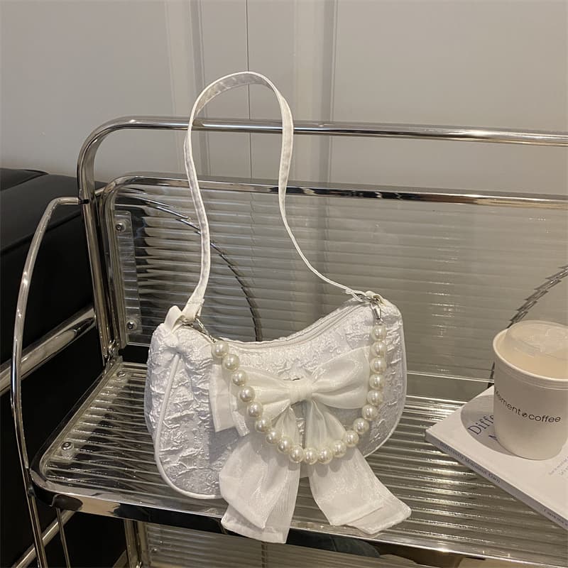 Fashionable Sweet Pearl Handbag for Women 2025 New Summer Bow Korean Style Elegant Lace Trendy Shoulder Bag