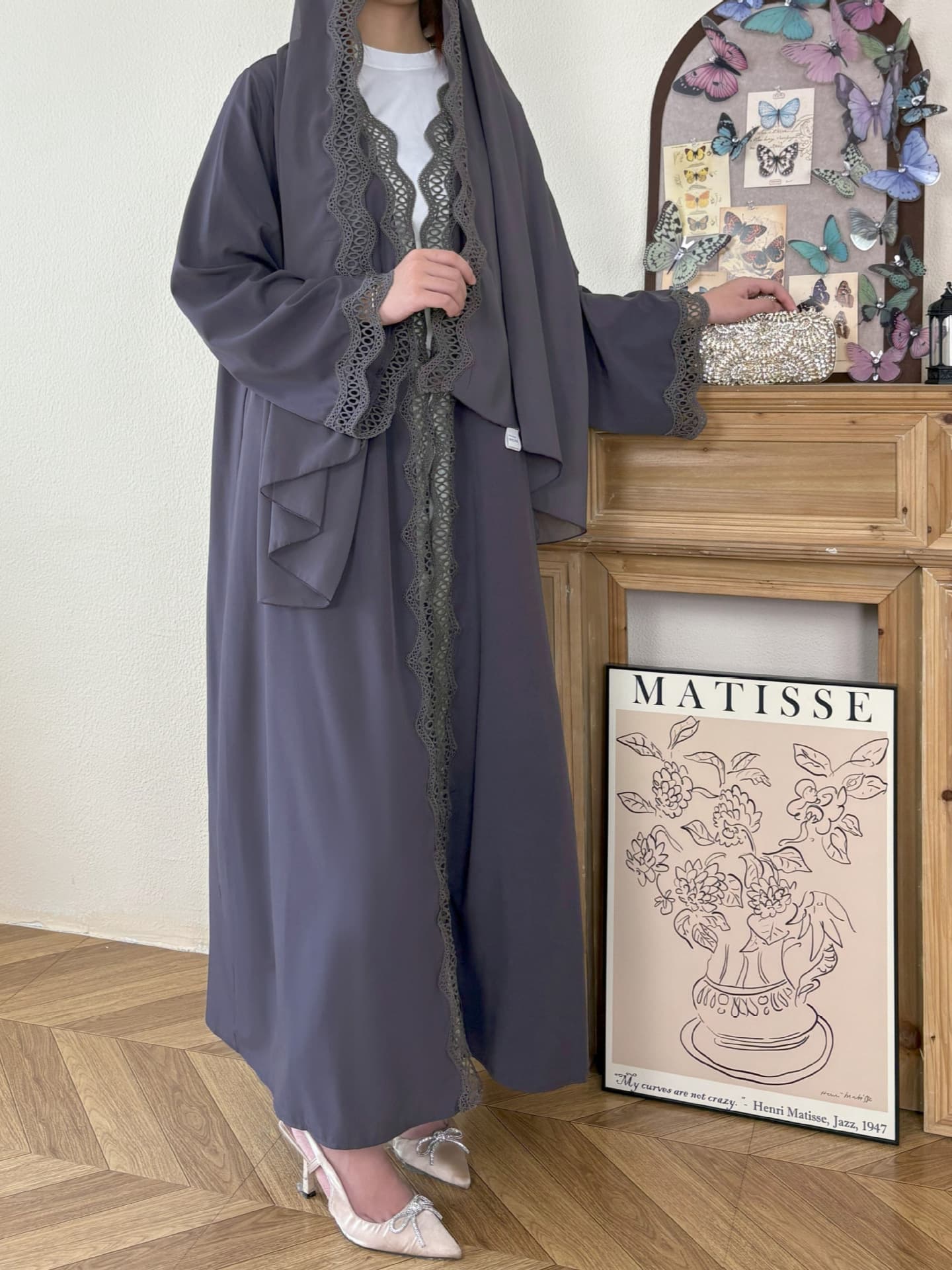 Cross-border women's modest fashion purple lace outer dress with headscarf elegant dress