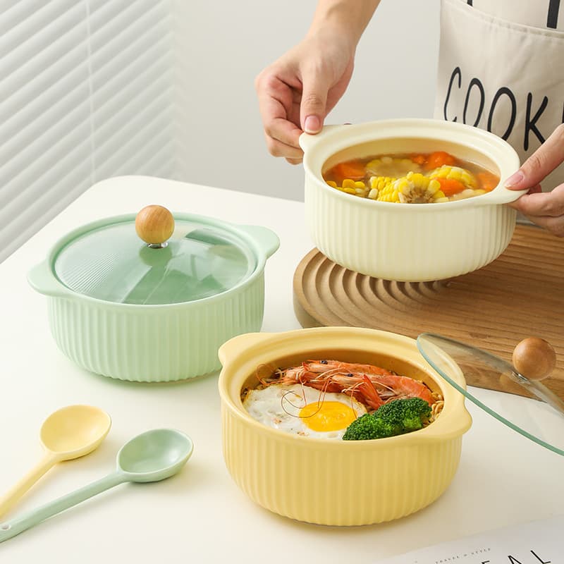 Dormitory Vertical Grain Instant Noodle Bowl, Japanese Nordic Simple Home Ceramic Tableware, Rice Noodle Bowl, Large Soup Bowl with Lid