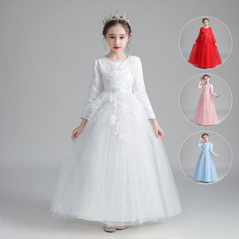 New Princess Dress Puffy Tulle Long Gown New Autumn Winter Children's Formal Dress Flower Girl Wedding Dress Performance Costume Thickened Wholesale