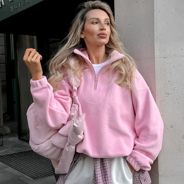 European and American style autumn and winter pink sherpa lapel pullover sweatshirt for commuting, versatile cross-border wholesale polar fleece lining for women