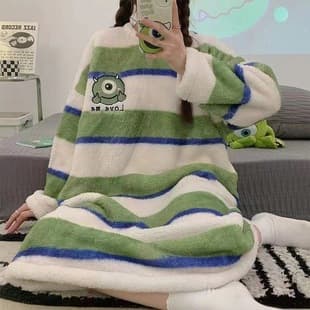 Flannel Nightdress Factory Direct Export Long Dress Flannel Plus Size Cartoon Stripes