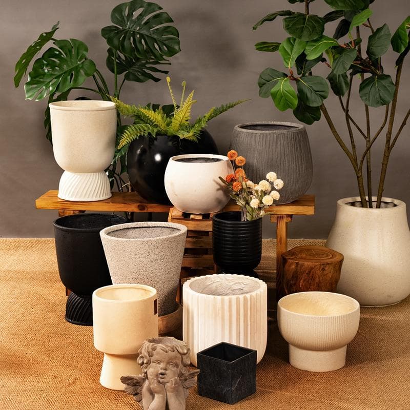 High-End Creative Cement Ceramic Flower Pot, Magnesium Clay, Large Diameter, Round, High-Footed, Striped, Large Size, Specifically for Indoor Plants