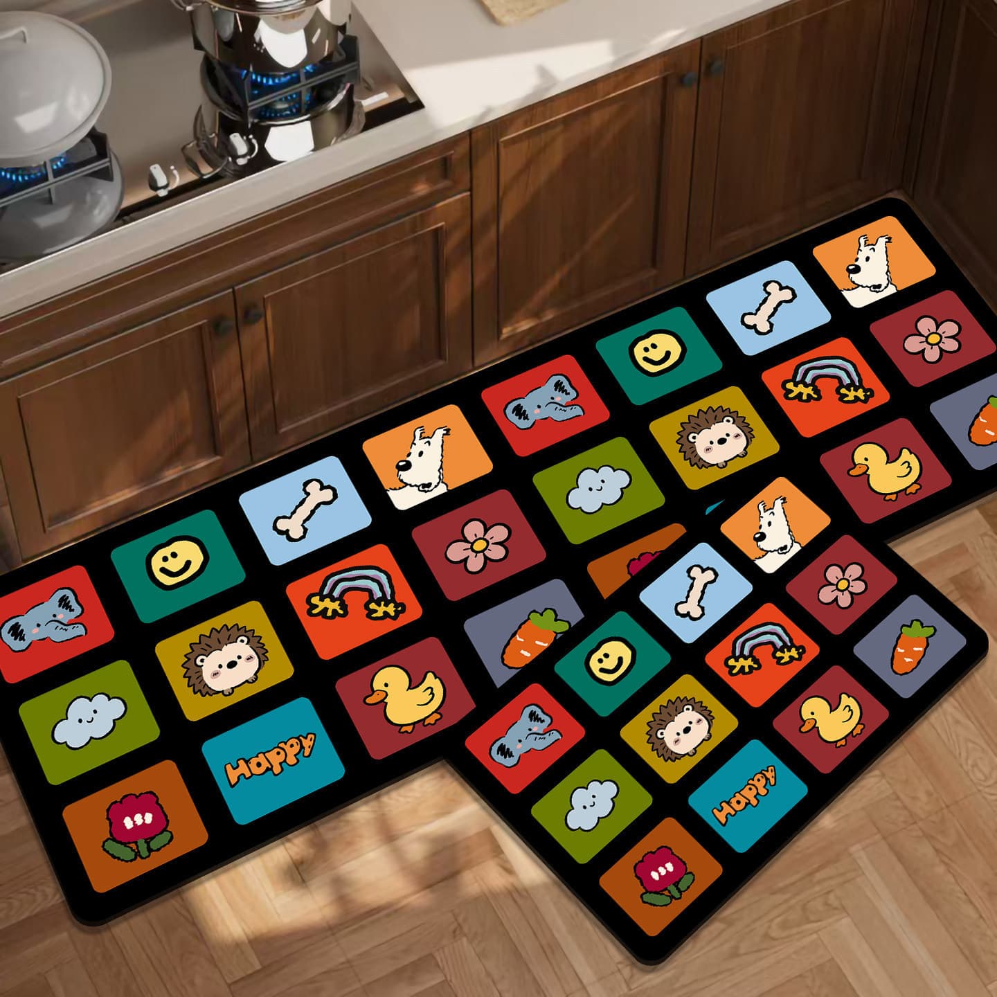 Cartoon Puzzle Kitchen Floor Mat 2-Piece Set Dining Room Non-Slip Water-Absorbent Foot Mat Bowl Plate Dish Anti-Drop Pad Temu Dropshipping