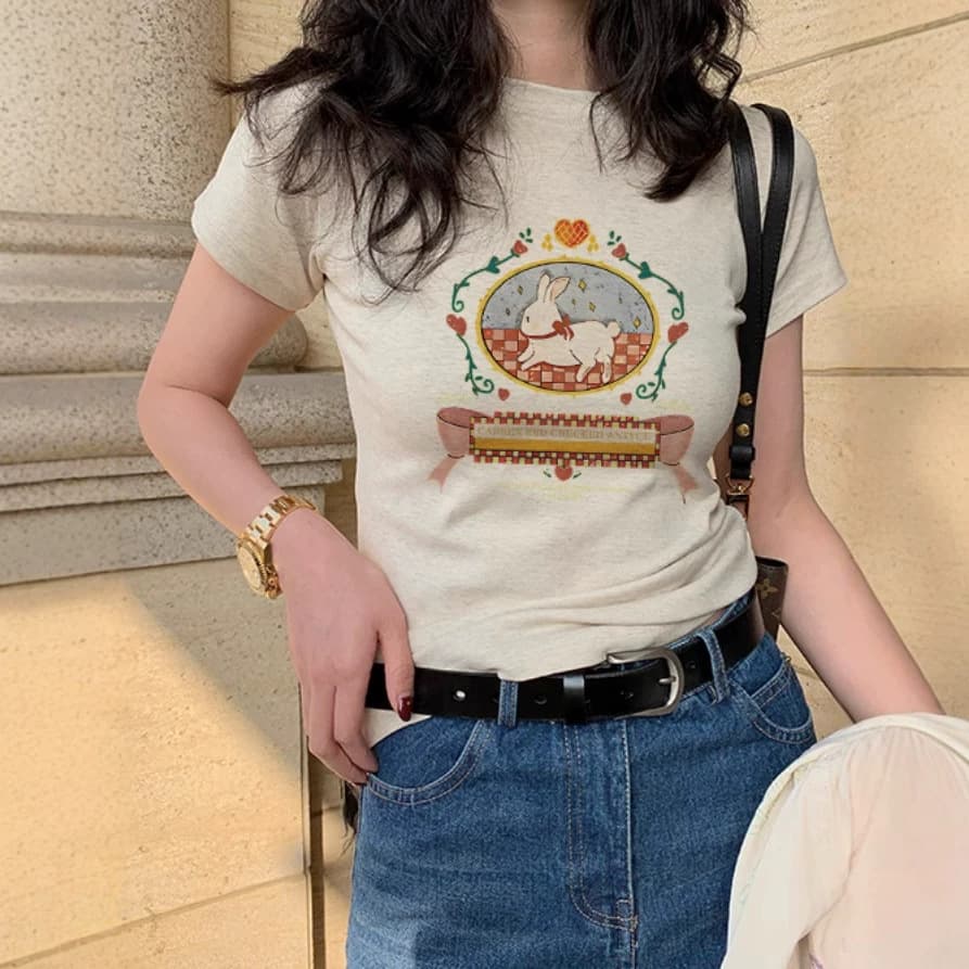 Summer new niche American-style right shoulder cartoon print design versatile short-sleeved T-shirt women's casual short-sleeved tops