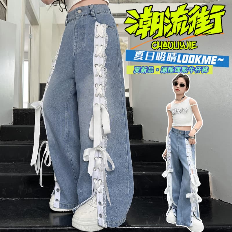 Korean-style Bow Tie Stitching Denim Jeans with Lace Trim Wide-leg Pants Sweet Children's Clothing Girls Jeans