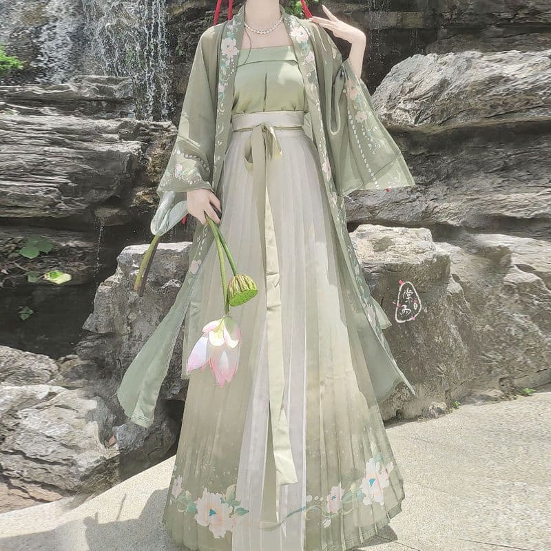 Original Qing Ci Hanfu Women Song Dynasty Print Changgan Temple Waist-High Pleated Skirt Daily Fresh Spring Summer Autumn Style